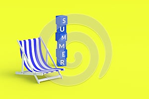 One striped beach chair and cubes with word summer on yellow background