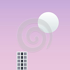 One tall building in the future fantasy world vector illustration. small building and big planet with soft pink sky background