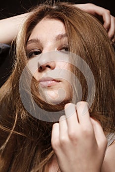One teenage girl, fashion model posing, close up face head shot