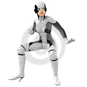 One teenage girl in a white dark super suit. Standing half-bent legs in a fighting position waiting for the blow