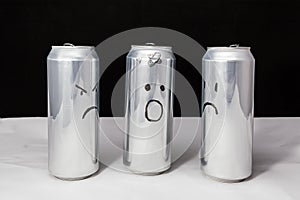 One tells others how they beat him, about incident Concept Aluminum cans. Drawn emotions. Sadness angry and indignation