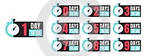 One-ten days to go blue, white, red, black promotion vector badges with a timer isolated on white. Countdown left days