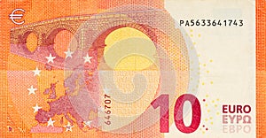 One ten Euro bill. 10 euro banknote. The euro is the official currency of the European Union