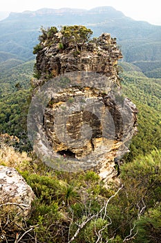 One of the Three sisters rock formation aerial view vertical, Katoomba, New South Wales, Australia