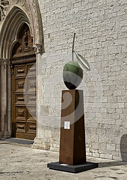 One of three smaller olives in Germination of the Peace 2023 by Giuseppe Carta at the Basilica of Saint Francis in Assisi, Italy