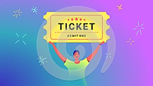 One ticket admission concept vector illustration of young man holds over his head big ticket for movie