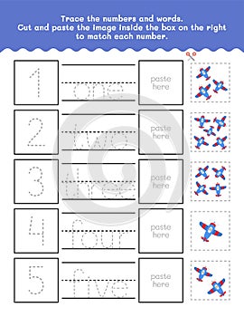 One to Five Number And Word Tracing Worksheet. Children Writing Practice Worksheet With Pictures. Premium Vector Element