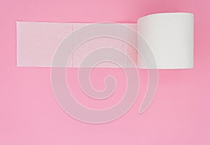 One toilet paper roll isolated on pink background. Pastel color. Hygiene concept