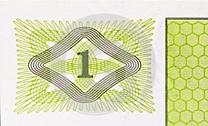 One Tolar banknote, Bank of Slovenia, closeup bill fragment shows Face value