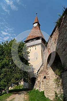 One of the towers of Biertan fortified saxon church, Unesco World Heritage site, in Biertan village, Transylvania, Romania, Europe