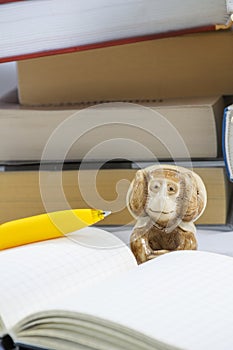 One toy monkey with notepad and pencil and many thick books