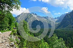 One of the tracks to lake Popradske pleso, with mountains and forest in the High Tatras in Slovakia. Three hikers on their way