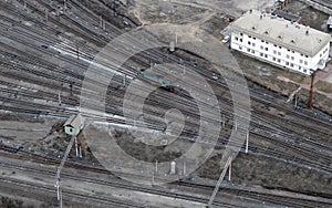 One train and many railings. Aerial view.