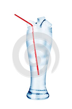 One transparent glass full of cold crystal clear water, red drinking straw, ice cubes condensation drops white background isolated