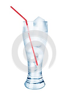 One transparent glass full of cool crystal clear water, ice cubes and red plastic drinking straw on white background isolated