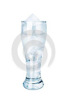 One transparent glass full of cool crystal clear water and ice cubes on white background isolated close up, blue cup of cold water