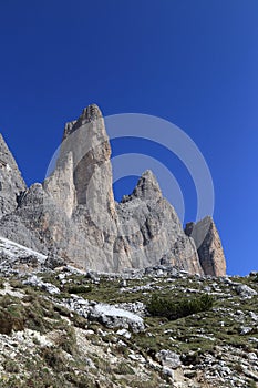 One of Tre Cime peaks and clear blue sky