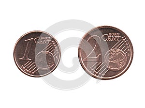 One and Two Euro Cent EUR coins, European Union EU isolated