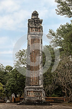 One of two flanking obelisks at the Stele Pavilion in Tu Duc Royal Tomb, Hue, Vietnam