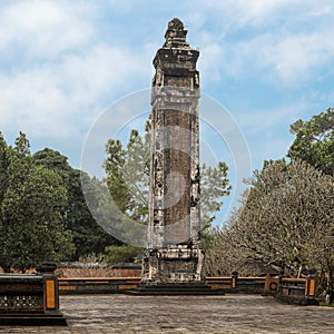 One of two flanking obelisks at the Stele Pavilion in Tu Duc Royal Tomb, Hue, Vietnam