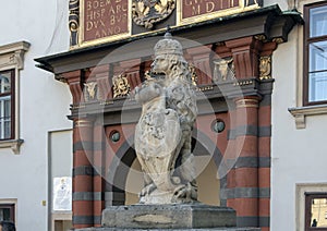 One of two Lion statues holding a shield, on either side of the Swiss Gate Schweizertor, Hofburg Palace, Vienna