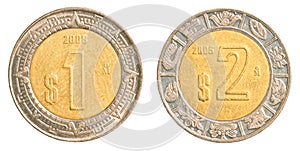 One & two mexican peso coins photo
