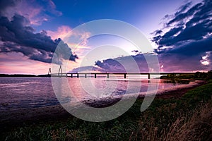 One of two road bridges that connect the islands of Falster and Zealand in Denmark by way of the small island of Far