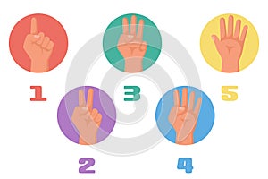 One, two, three, four, five fingers. 1 2 3 4 5 flat icon