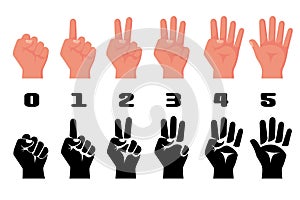 One, two, three, four, five fingers. 1 2 3 4 5 flat icon.