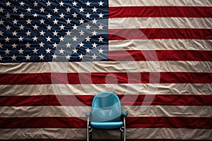 one vacant seat with a flag resting on it in a crowded football stadium