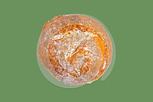 One vanilla donut with powdered sugar isolated on olive background by clipping. Top view