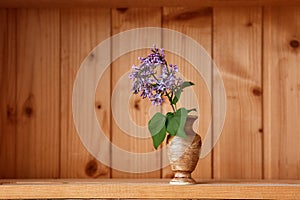 One vase with flowers at wooden background