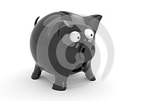 One very surprised black piggy bank with outstretched eyes on white backdrop