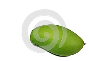 One vibrant green young mango on white background with free space for text