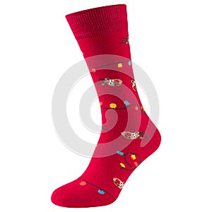 One voluminous red sock with a pattern of many fairy-tale elk with antlers, wearing a santa claus hat