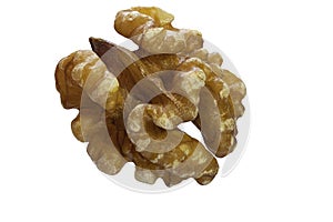 One Walnut isolated closeup without shell as package design element collection on white background. Nut macro. Walnut kernel.