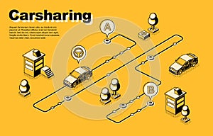 One-way carsharing service isometric vector poster