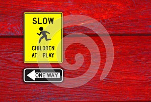 One way sign and children sign