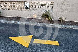 One-Way Sign and One-Way Yellow Ground-Arrow Pointing the Way