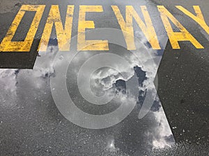 ONE WAY sign reflection