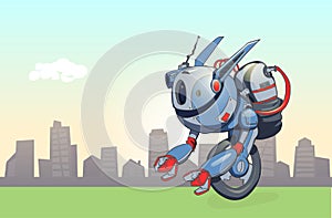 A one-wheeled robot riding against the backdrop of an urban landscape. Unmanned Delivery Robot. Vector illustration with photo