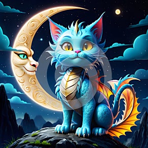 One whimsical night, a dragon cat was seen soaring through the sky, its majestic wings glittering in the moonlight.