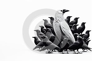 One white crow among black crows. Place for text.