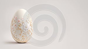 One white easter egg with beautiful gold floral pattern standing on light background. Generative AI