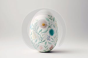 One white easter egg with beautiful floral pattern standing on light background. Generative AI
