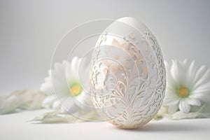 One white easter egg with beautiful floral pattern standing on light background. Generative AI