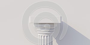 One white marble pillar isolated cutout on empty white background. Upper part, copy space. 3d render