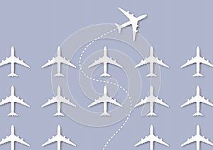 One white plane changing direction ahead of the others, business innovation leadership think different new idea concept