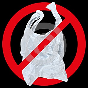 one white plastic bag with red forbidden sign isolated on black