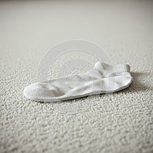 One white sock lies on the carpet.
